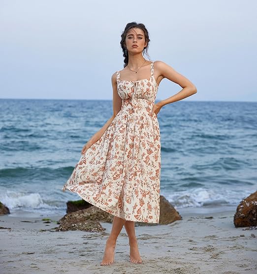 Beige orange blommig klänning